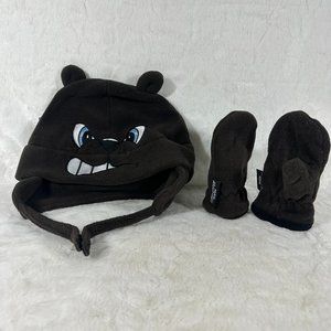 Wonderkids Fleece hat and mittens set Angry Beaver embroidery face OSFM brown